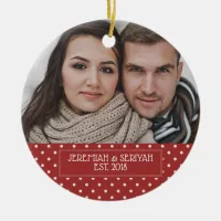 Modern Rustic Christmas Red Dots Holiday Photo Ceramic Ornament