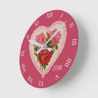 Magenta Vintage Rose Heart Valentine Monogram Round Clock