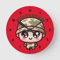 Cute Kawaii Army Camouflage Monogram on Red | Round Clock