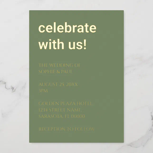 Simple Sage Green Wedding Foil Invitation