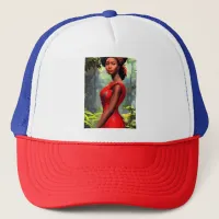 Safari Queen: Majestic African Woman Red Feathers Trucker Hat