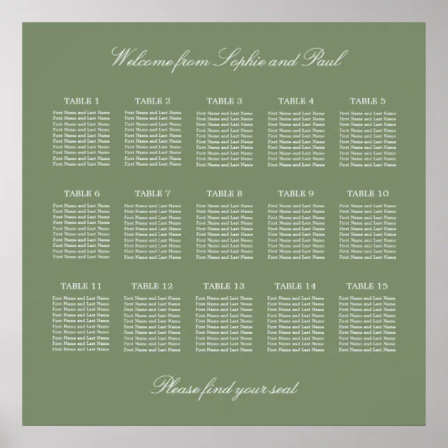 Sage Green 15 Table Wedding Seating Chart Poster