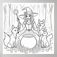 Halloween witch and foxes coloring page poster