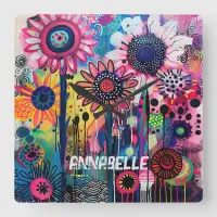 Colorful Doodle Flowers Wall Clock