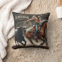 Cowgirl Roping Steer During Rodeo Event Throw Pillow