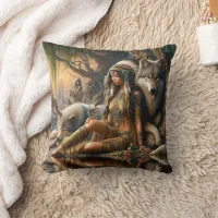 Native American Woman Cares for Wolf by Waterfall Throw Pillow