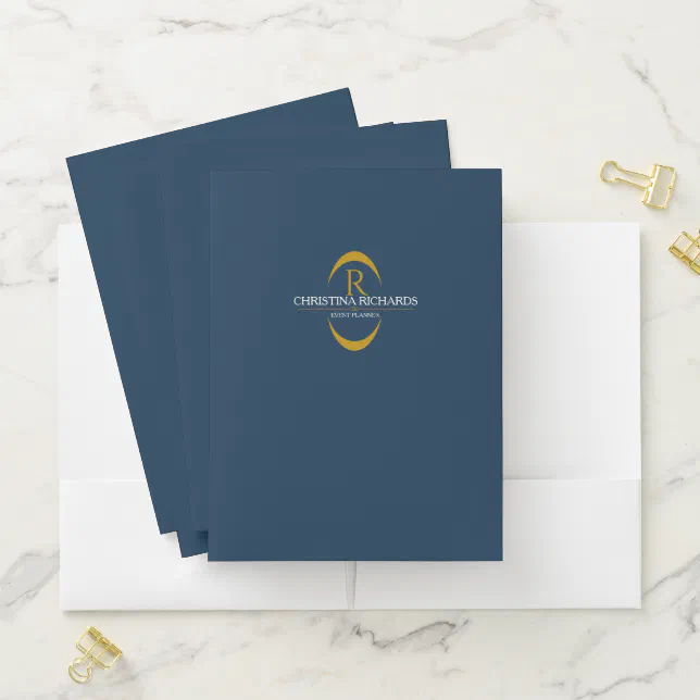 Gold Monogram Navy Blue Modern Elegant Business Pocket Folder