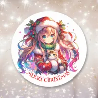 Anime Girl in Santa Hat Watercolor Christmas Classic Round Sticker