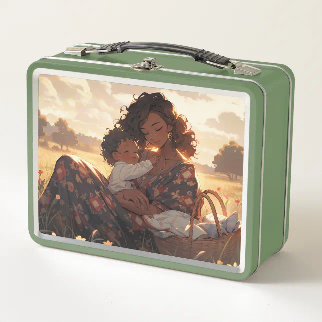 Anime mother in a morning meadow metal lunch box