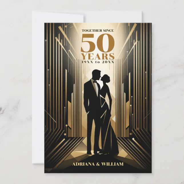 Art Deco Retro Black & Gold Wedding Anniversary Invitation