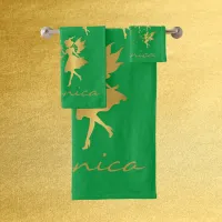 Gold Fairies with Pixie Dust on Green Monogram | Bath Towel Set