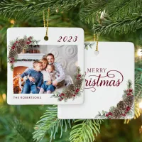 Family Photo Merry Christmas Pine Cones White Ceramic Ornament