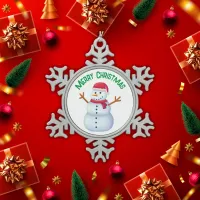 Merry Christmas with a Snowman |  Snowflake Pewter Christmas Ornament