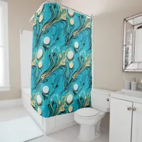 Pretty Blue and Gold Fluid Art Abstract Bubbles Shower Curtain