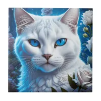 White Cat with Bright Blue Eyes Floral Ceramic Tile