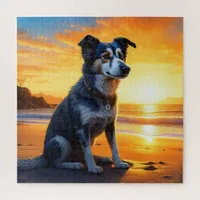 Cute Dog on Beach at Sunset  Jigsaw Puzzle