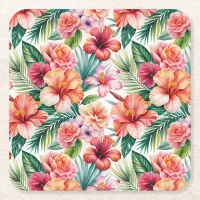 Tropical Flowers in Bloom Square Paper Coaster