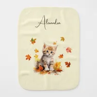 Cute Orange Tabby Kitten in Fall Leaves Baby Burp Cloth