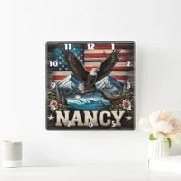 Majestic Eagle Perched Amidst Mountains and Flag Square Wall Clock