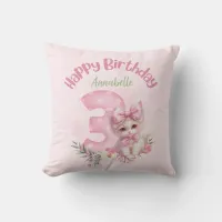  3 Year Old Birthday Party Kitten Throw Pillow