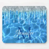 Aqua Blue Swimming Pool Glitter Drip Monogram Mouse Pad