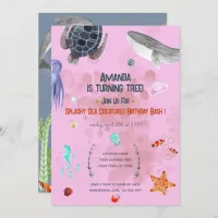 Ocean Animals Turtle Kids Party Pink Invitation