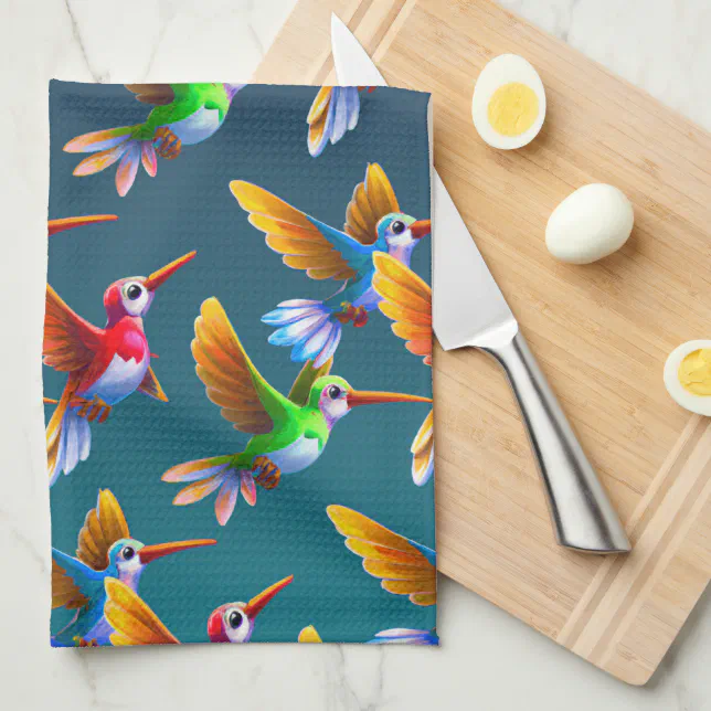 Colorful Hummingbirds in Flight Kitchen Towel