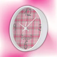 Pink and White Plaid Name Monogram | Clock