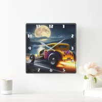 Classic hot rod cruising by the moonlit lake square wall clock