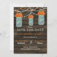 Barnwood mason jars orange flowers save the date