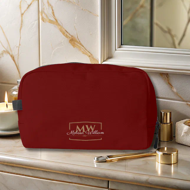 Red White Gold Monogram Name Script Dopp Kit