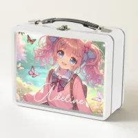 Pretty Anime Girl in Pink Pigtails Metal Lunch Box