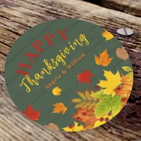 Happy Thanksgiving Fall Colorful Foliage On Wood Classic Round Sticker