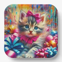 Cute Pink and Blue Kitten Girl's Birthday Paper Plates