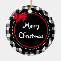 Buffalo Plaid Merry Christmas Black and White Ceramic Ornament