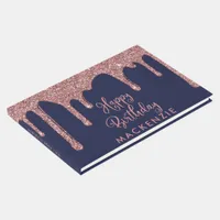 Chic Navy Blue Rose Gold Glitter Drips Birthday Guest Book