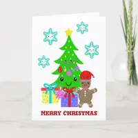 Cute Kawaii Face Christmas Tree Scene, ZSG Holiday Card