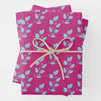 Bright Hot Pink & Pastel Blue Watercolor Botanical Wrapping Paper Sheets