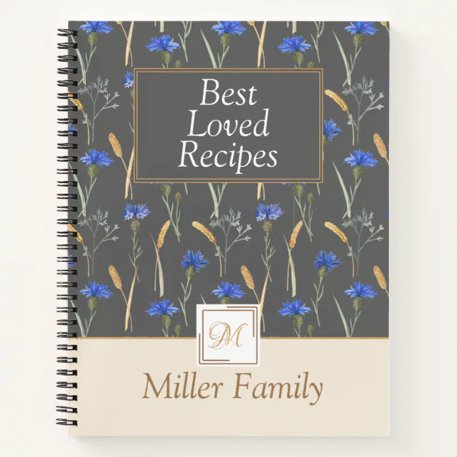 Grey Floral Wildflower Mongoram Recipe Notebook