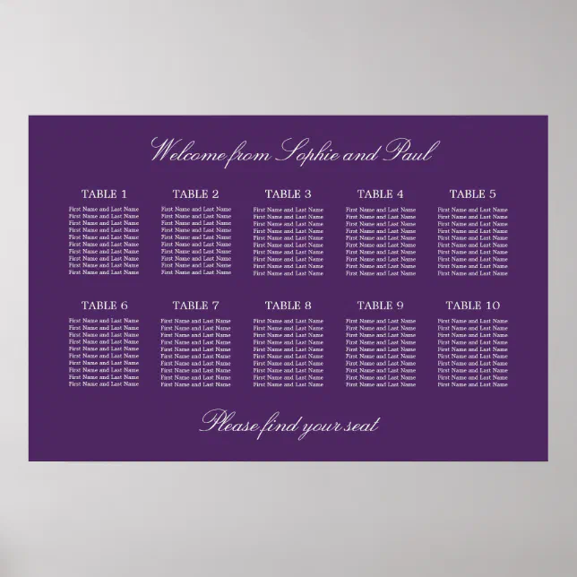 Dark Purple 10 Table Wedding Seating Chart Poster