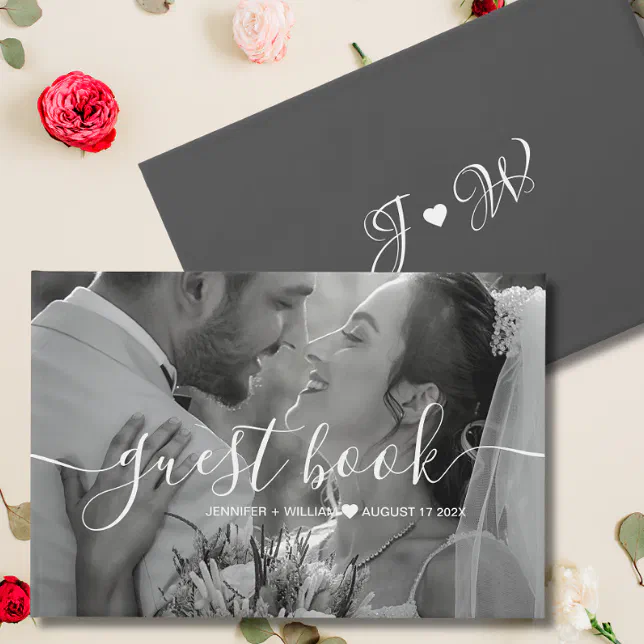 Minimalist Photo Script Monogram Custom Wedding Guest Book