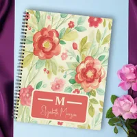 Vintage floral red green watercolor monogram notebook