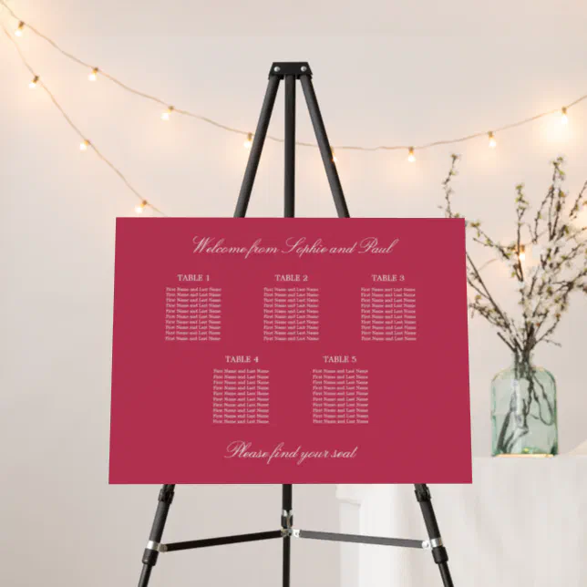 Carmine Magenta 5 Table Seating Chart Foam Board