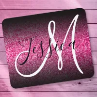 Elegant Black Ombre Hot Pink Glitter Monogram Mouse Pad