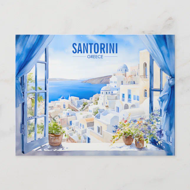 Santorini Watercolor Painting Greece Travel | Art Postcard