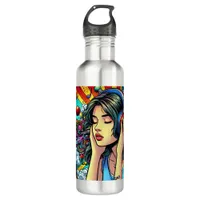 Girl Listening to Music on Headphones Psychedelic Stainless Steel Water Bottle