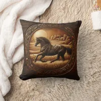 Black Horse Running Through Fields at Sunset Throw Pillow