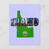 Idaho Map, Seal and Picture Text Postcard