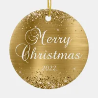 Glittery Gold Foil Merry Christmas Photo Ceramic Ornament