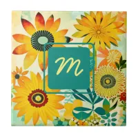 Pretty Folk Art Flowers Monogrammed Ceramic Tile